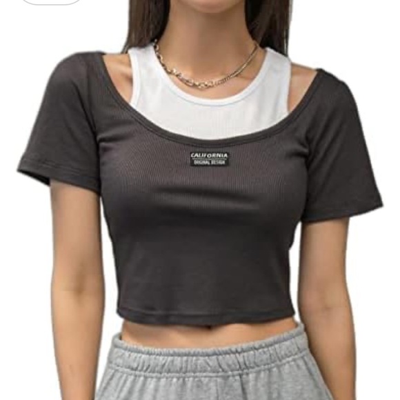 #172- DAZY -Letter Patched Cut Out Rib Knit 2 In 1 Crop Tee,Dark Grey, S - Picture 1 of 3